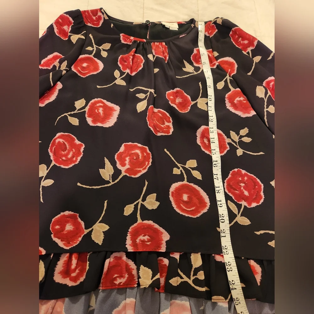 Kate Spade Blouse Hazy Rose Double Layer, Floral Pink, Black, Green Sz Large EUC